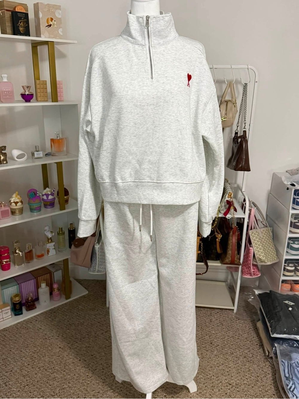 Light Gray Half-Zip Sweatshirt & Wide-Leg Jogger Set - Casual Lounge